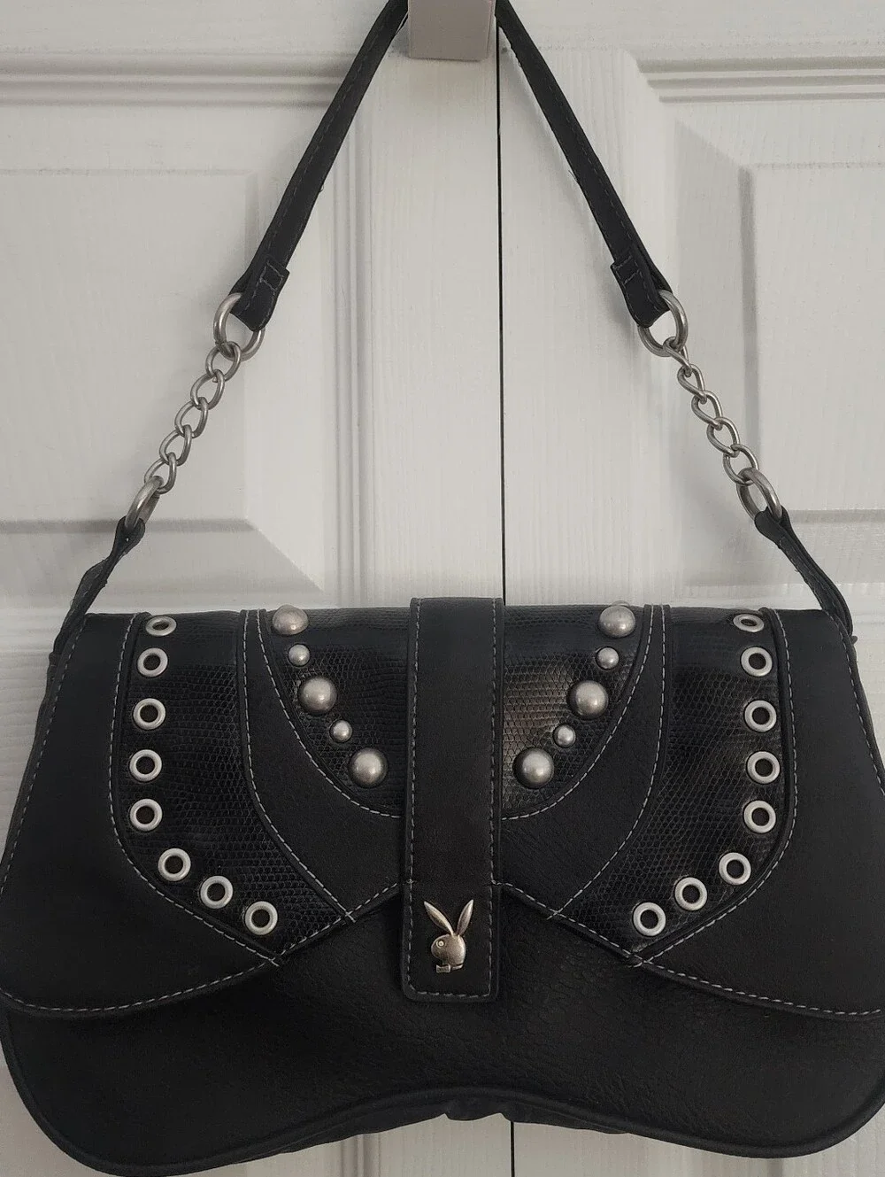 PLAYBOY Y2K Black Shoulder Grunge Bag w/ Silver Tone Grommets And Studs - Picture 1 of 11